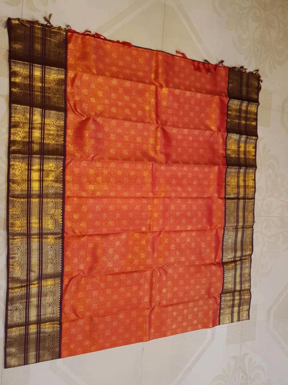 2G Pure Zari Kanjivaram Silk Saree in Rust with Gold Zari Peacock Buttas & varisai Pate Border | Silkmark Certified