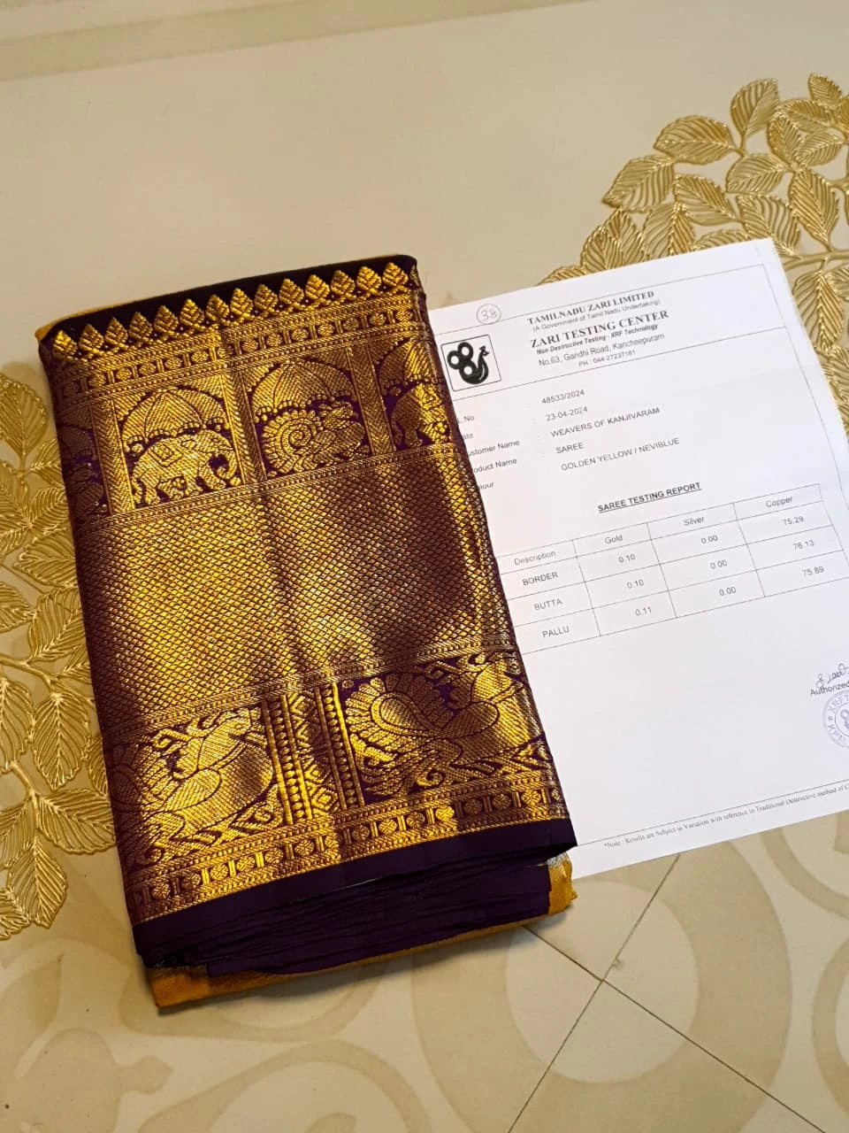 2G Pure Zari Kanjivaram Silk Saree in Golden Yellow with purple Border | Silkmark Certified