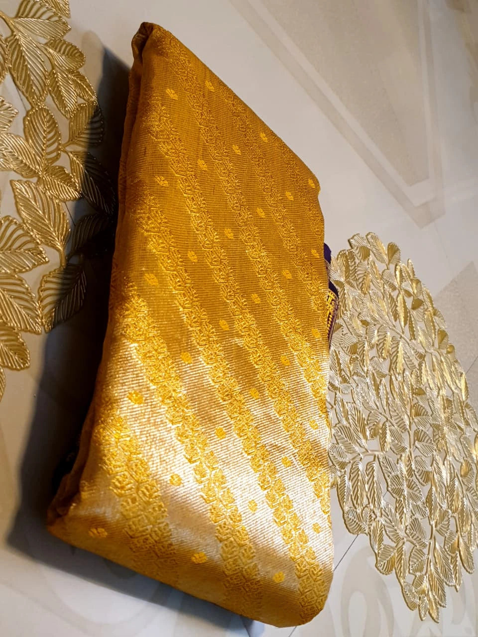 2G Pure Zari Kanjivaram Silk Saree in Golden Yellow with purple Border | Silkmark Certified