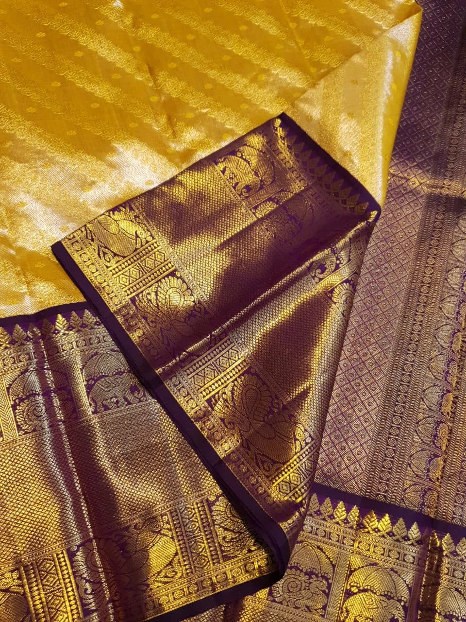 2G Pure Zari Kanjivaram Silk Saree in Golden Yellow with purple Border | Silkmark Certified