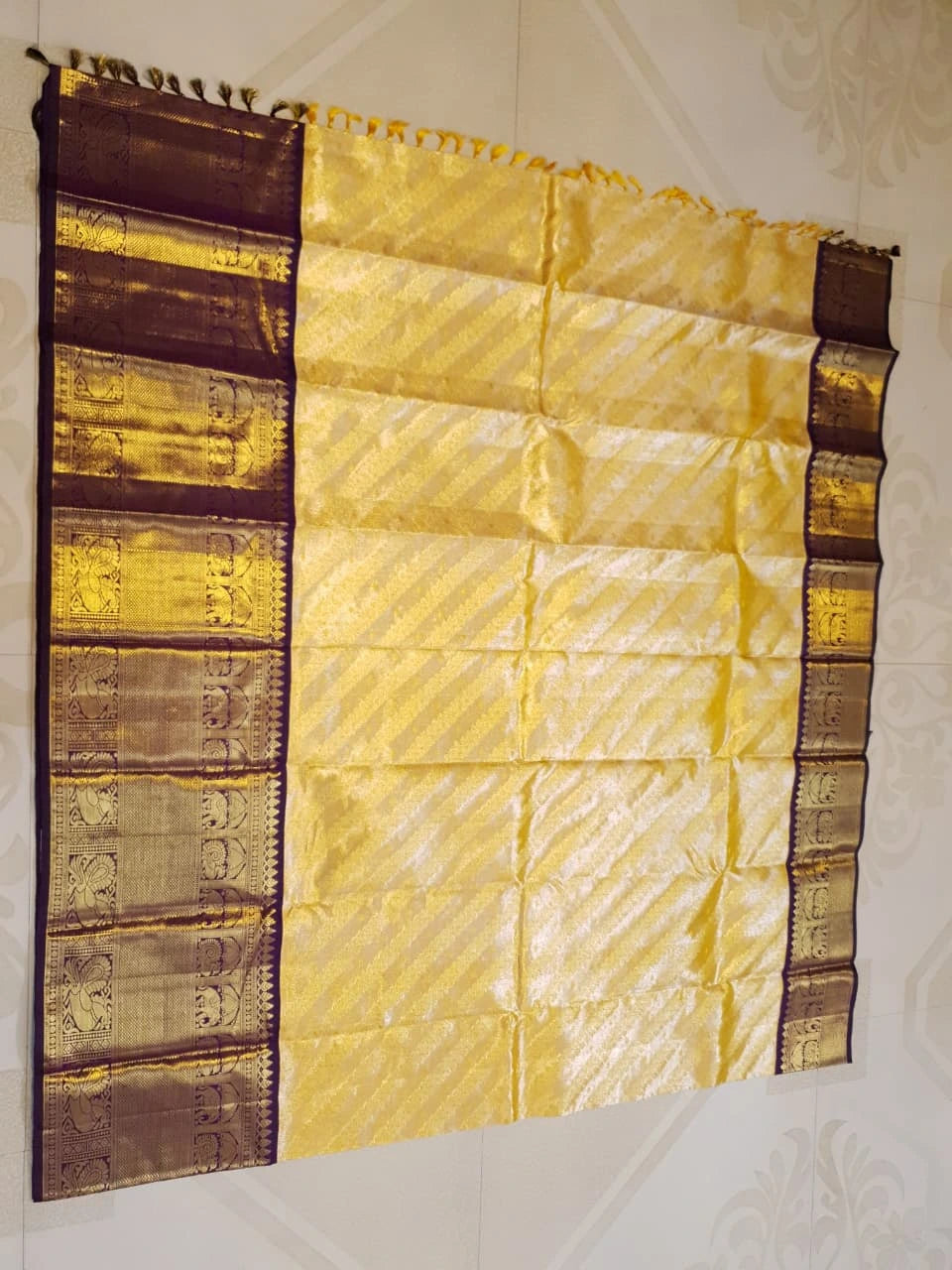 2G Pure Zari Kanjivaram Silk Saree in Golden Yellow with purple Border | Silkmark Certified