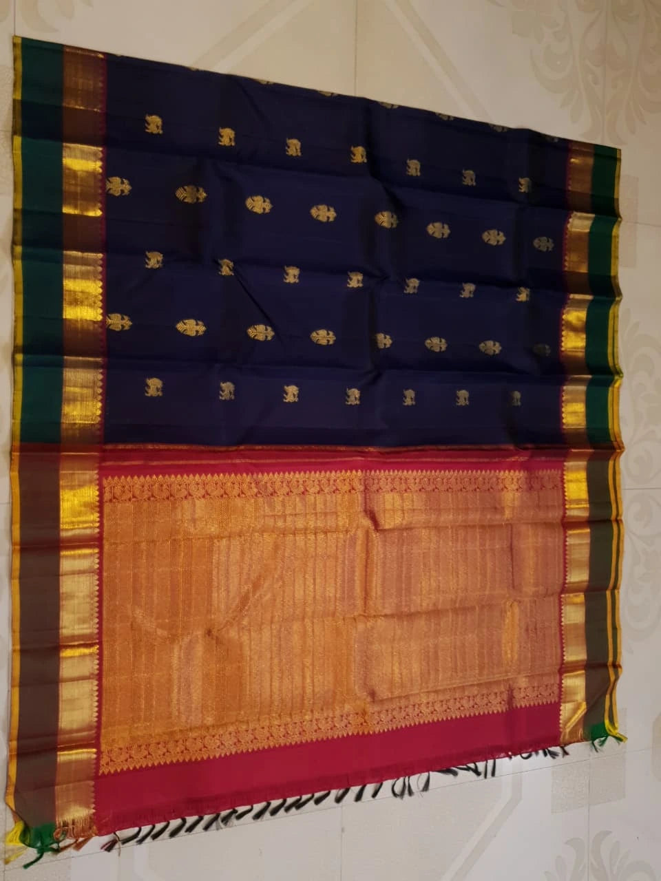 2G Pure Kanjivaram Silk Saree in Midnight Blue with Emerald Green Border & Rich Gold Zari Peacock Buttas | Silkmark Certified