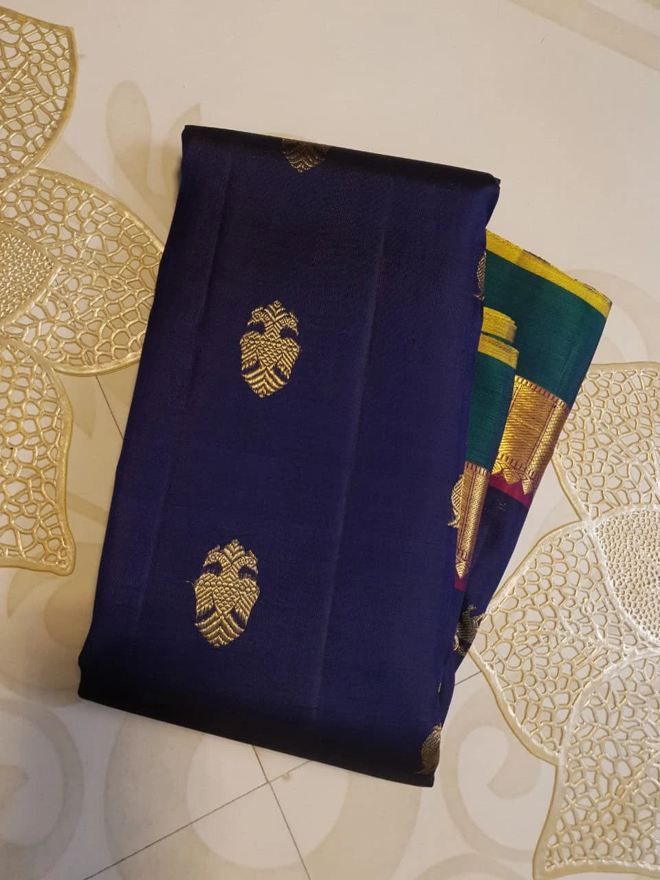 2G Pure Kanjivaram Silk Saree in Midnight Blue with Emerald Green Border & Rich Gold Zari Peacock Buttas | Silkmark Certified