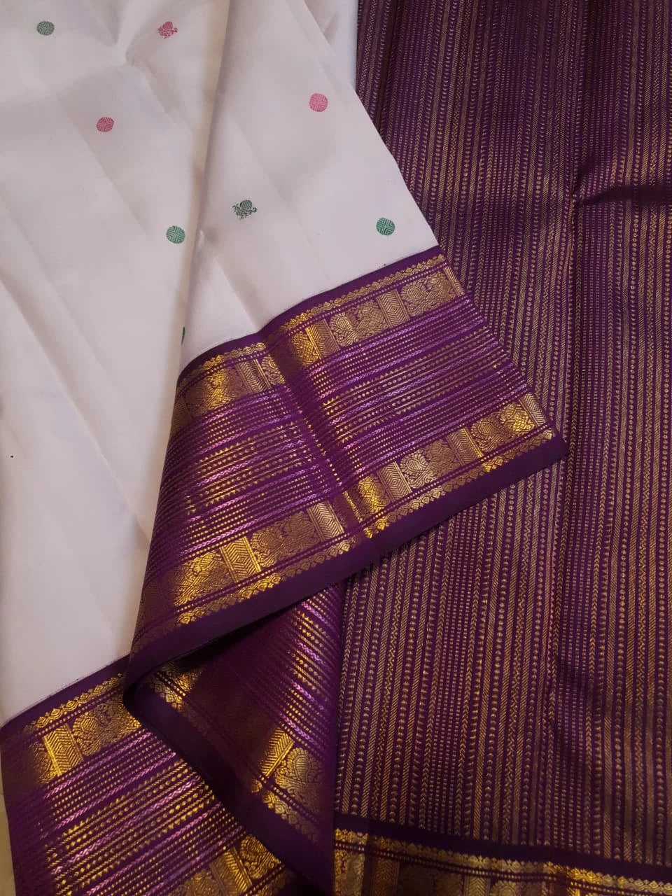 2G Pure Korvai Kanjivaram Silk Saree in Off White with Purple Border & Multicolour Peacock Buttas | Silkmark Certified