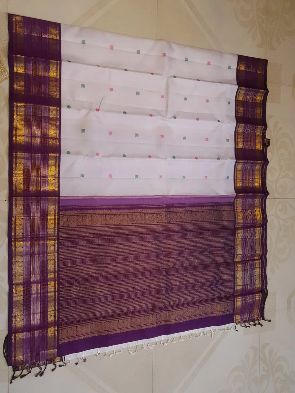 2G Pure Korvai Kanjivaram Silk Saree in Off White with Purple Border & Multicolour Peacock Buttas | Silkmark Certified