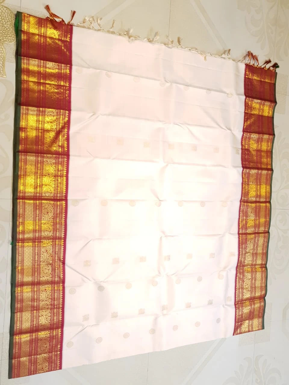 2G Pure Korvai Kanjivaram Silk Saree in Off White with Maroon Border | Silkmark Certified