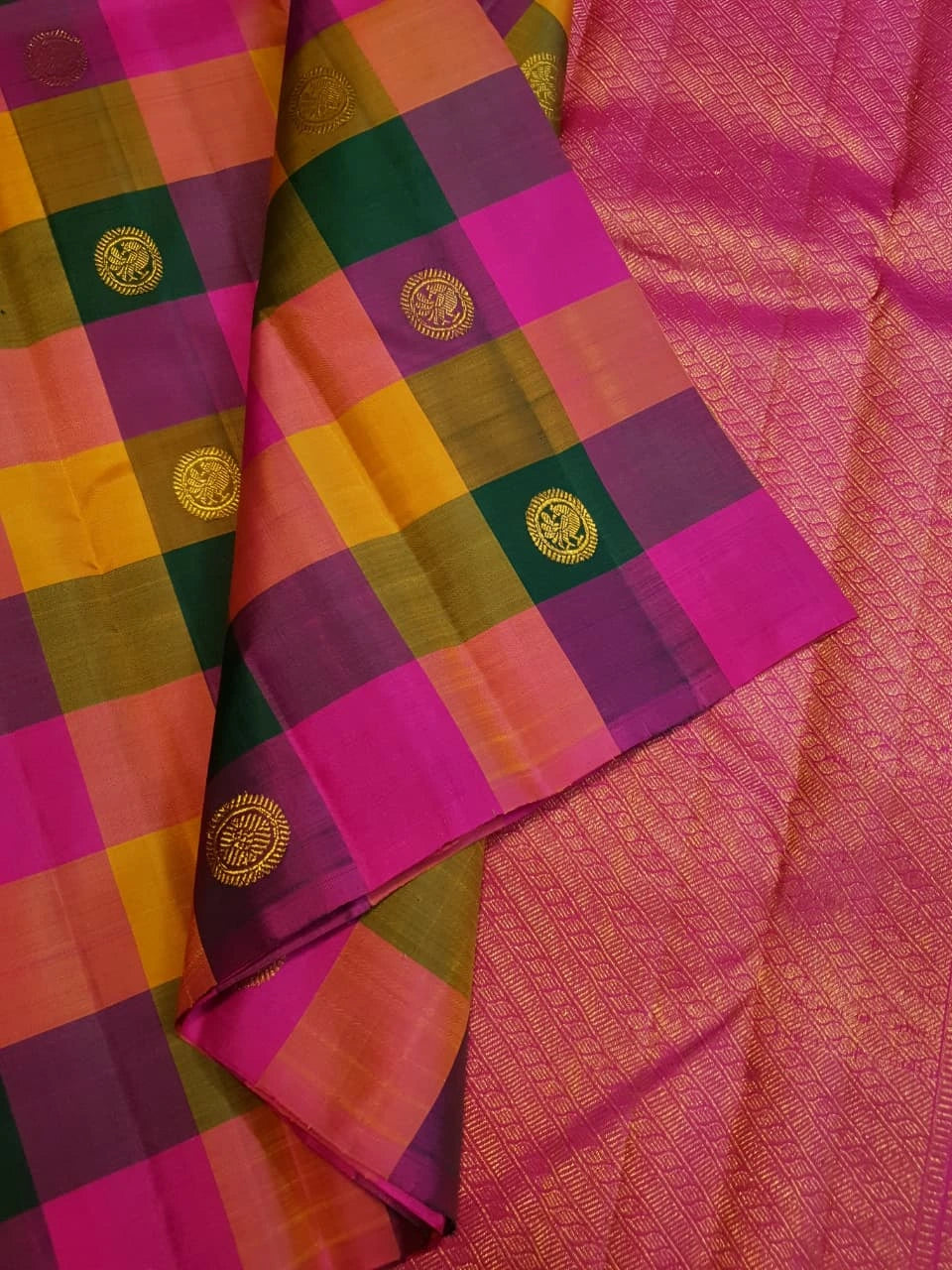 2G Pure Kanjivaram Silk Saree in Paalum Pazham Checks with Peacock Buttas & Gold Zari | Silkmark Certified