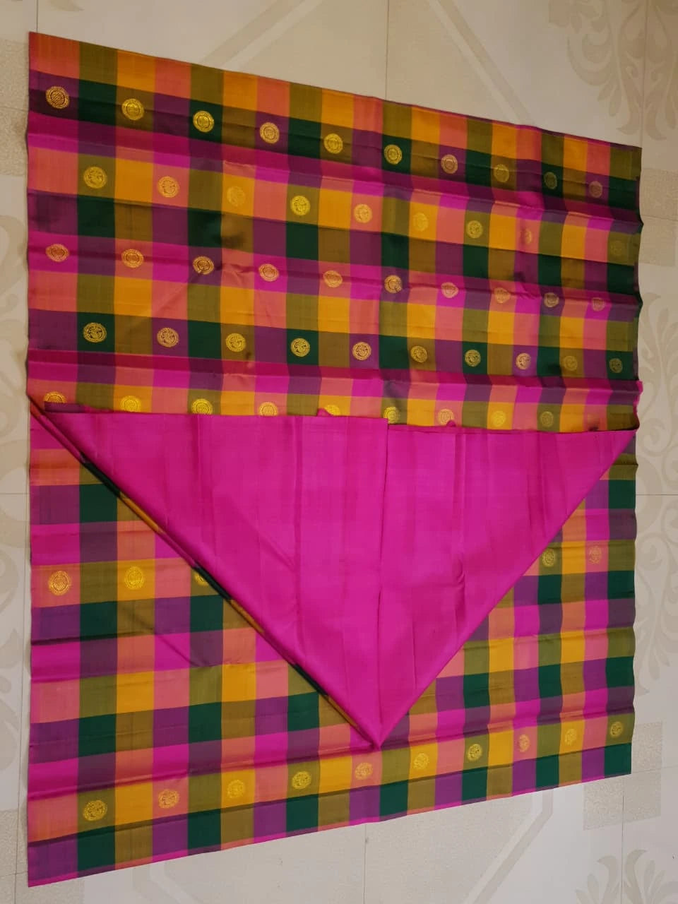 2G Pure Kanjivaram Silk Saree in Paalum Pazham Checks with Peacock Buttas & Gold Zari | Silkmark Certified