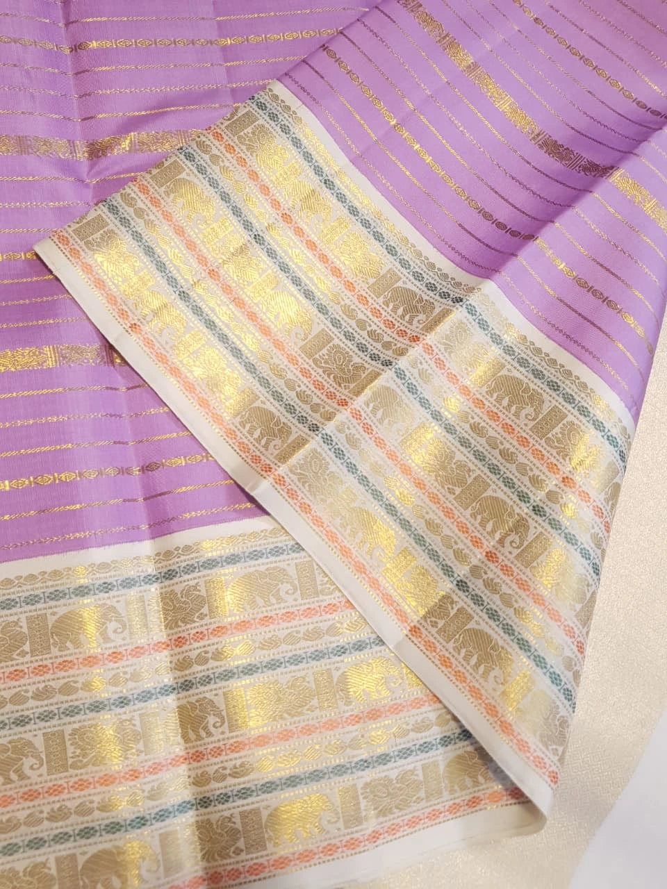 2G Pure Kanjivaram Silk Saree in Lavender Purple with Veldhari body | Silkmark Certified