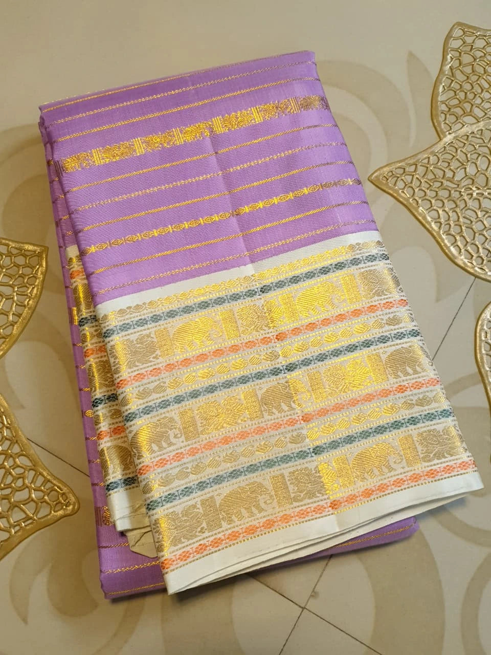 2G Pure Kanjivaram Silk Saree in Lavender Purple with Veldhari body | Silkmark Certified