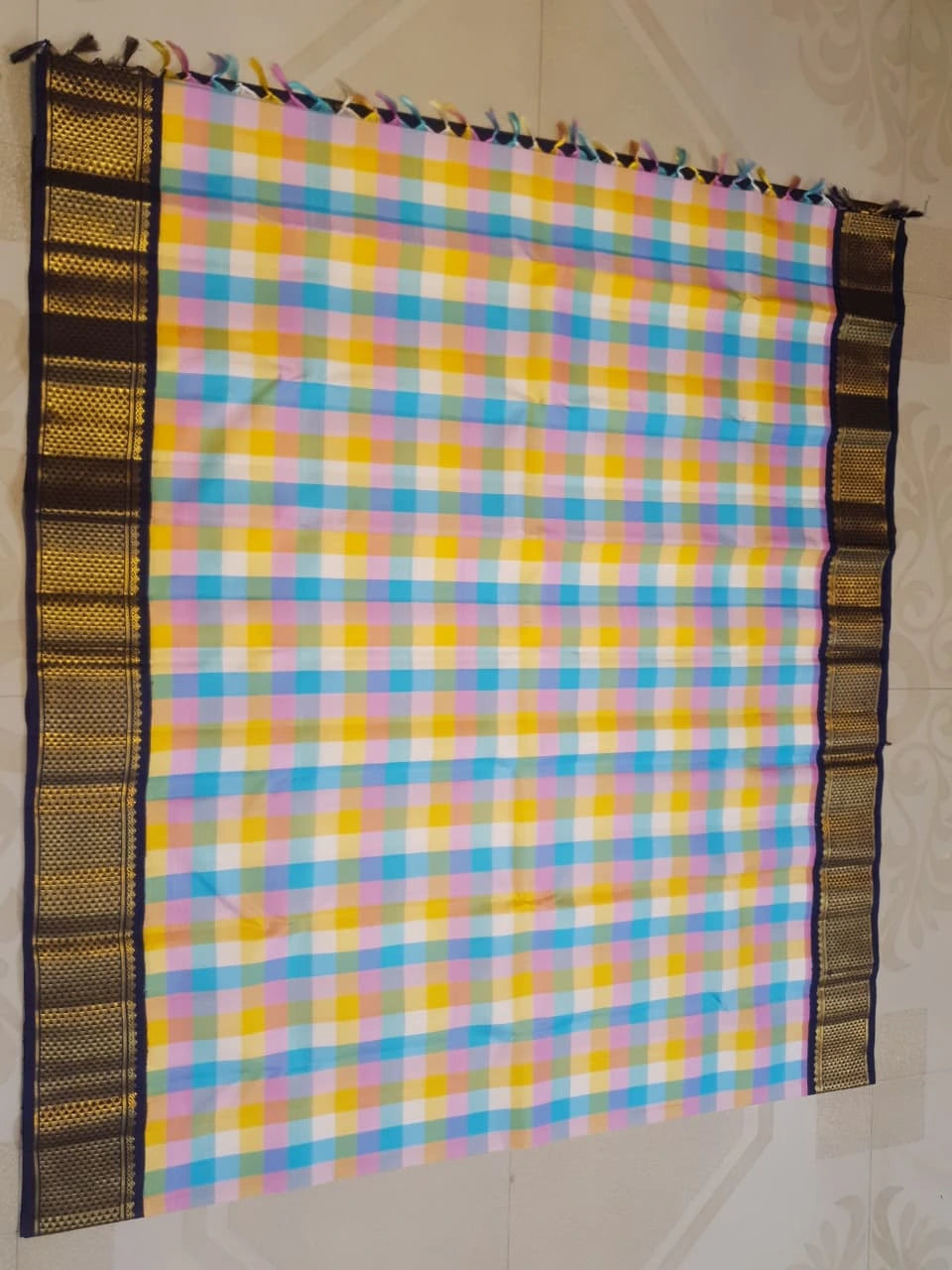 2G Pure Kanjivaram Silk Saree in Paalum pazham checks with Navy Blue| Silkmark Certified