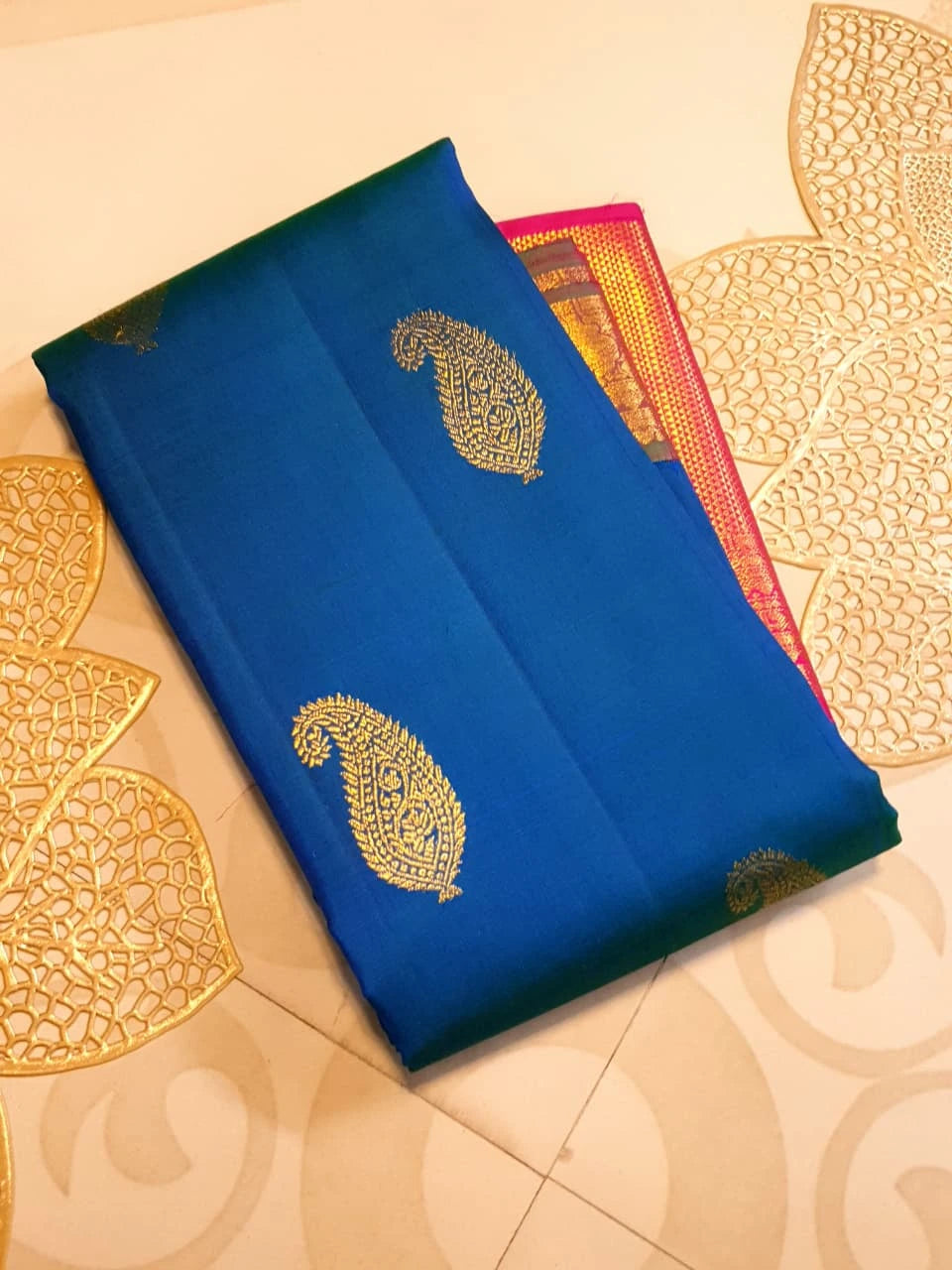 2G Pure Kanjivaram Silk Saree in Peacock Blue with Rani Pink | Silkmark Certified