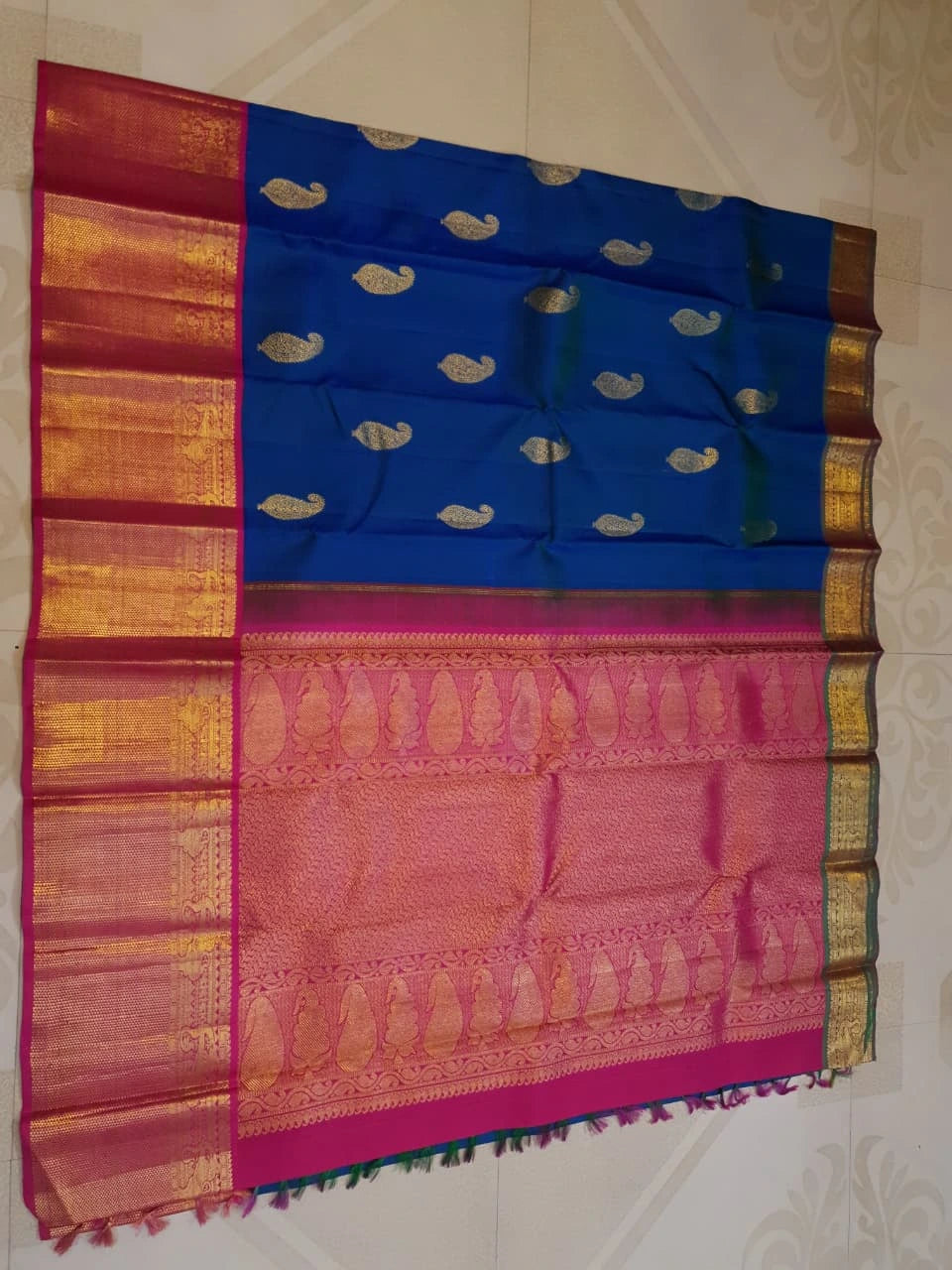 2G Pure Kanjivaram Silk Saree in Peacock Blue with Rani Pink | Silkmark Certified