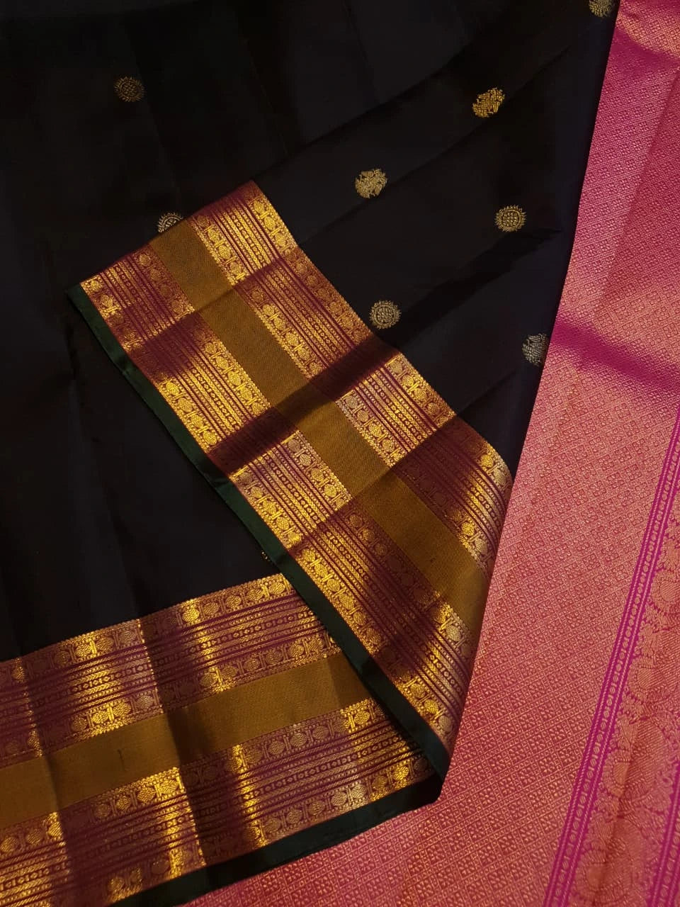 2G Pure Kanjivaram Silk Saree in Black with Antique Gold Zari Mustard Border | Silkmark Certified