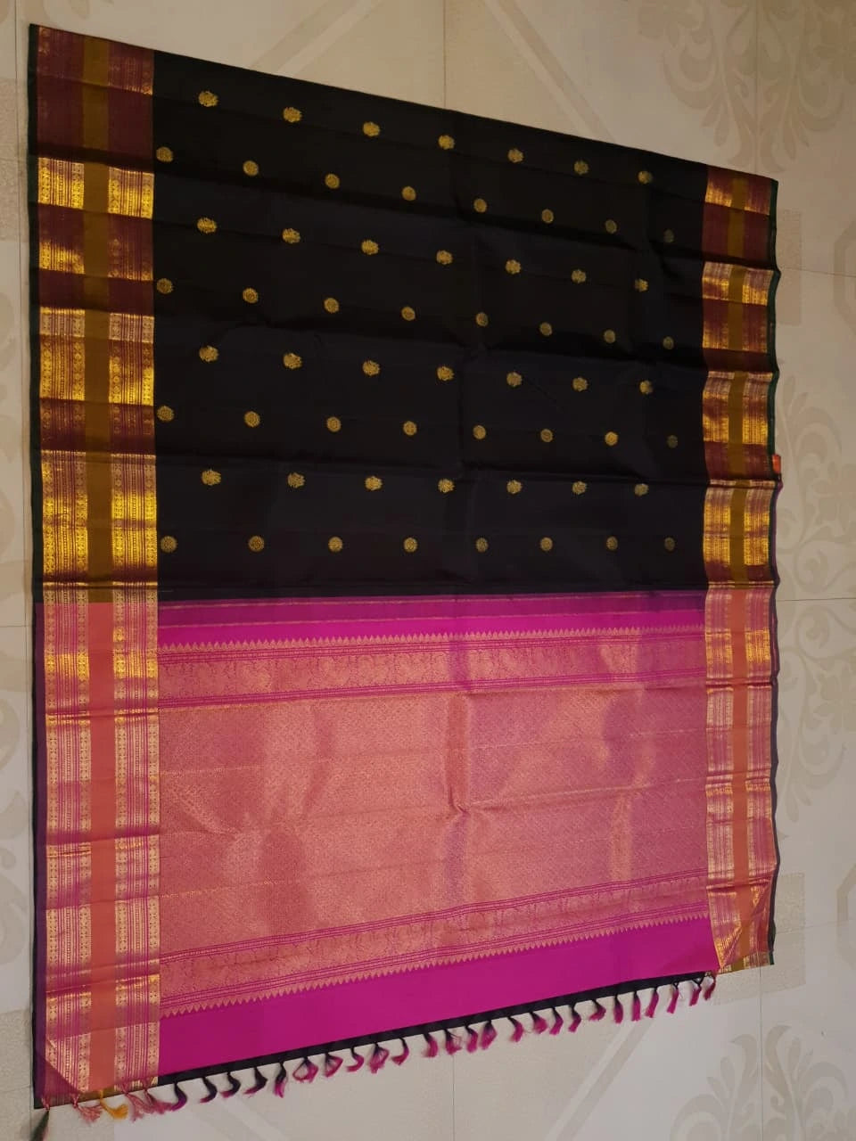 2G Pure Kanjivaram Silk Saree in Black with Antique Gold Zari Mustard Border | Silkmark Certified