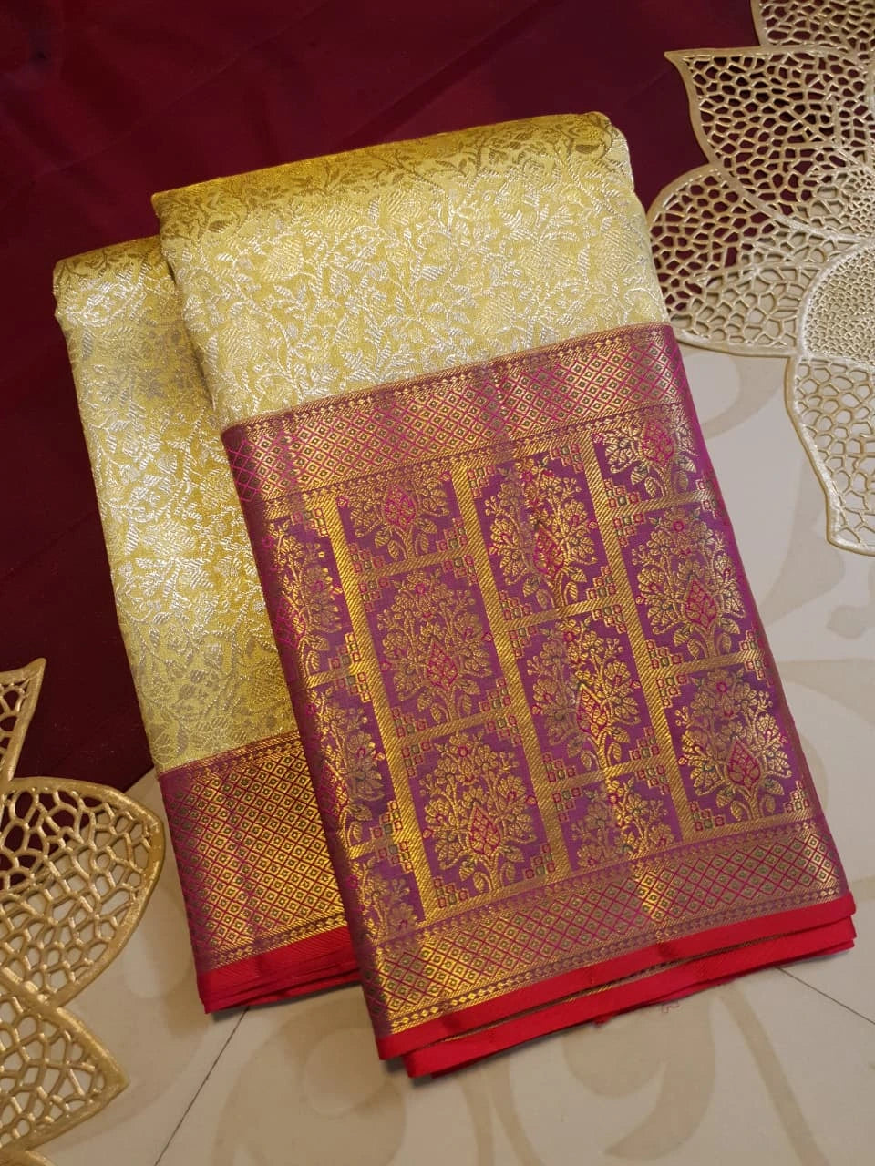 2G Pure Korvai Kanjivaram Silk Saree in Cream Gold with Rich Magenta Floral Zari Border | Silkmark Certified
