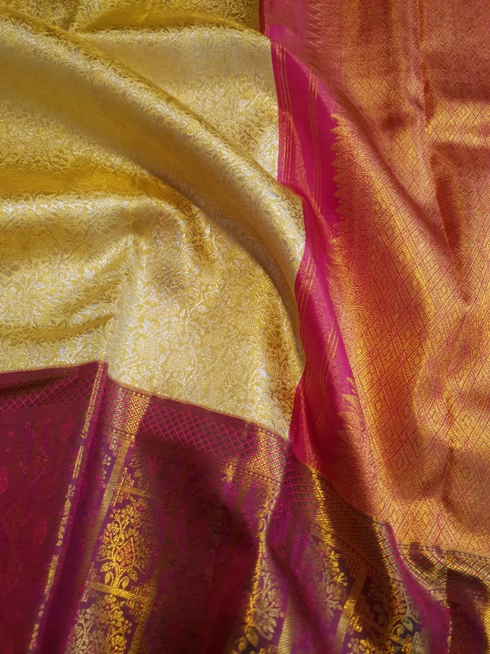 2G Pure Korvai Kanjivaram Silk Saree in Cream Gold with Rich Magenta Floral Zari Border | Silkmark Certified