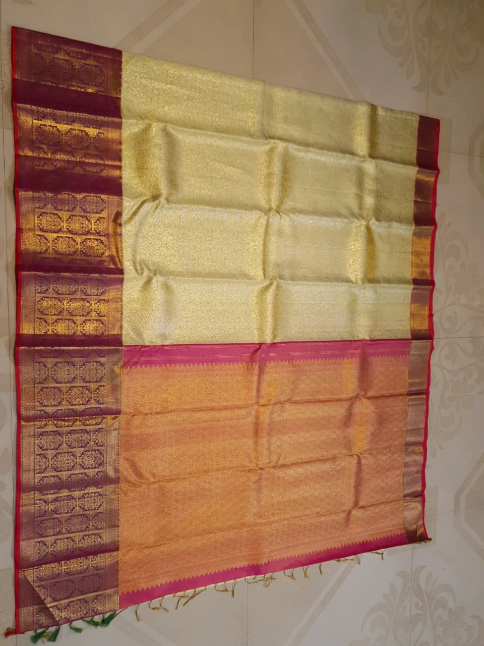 2G Pure Korvai Kanjivaram Silk Saree in Cream Gold with Rich Magenta Floral Zari Border | Silkmark Certified