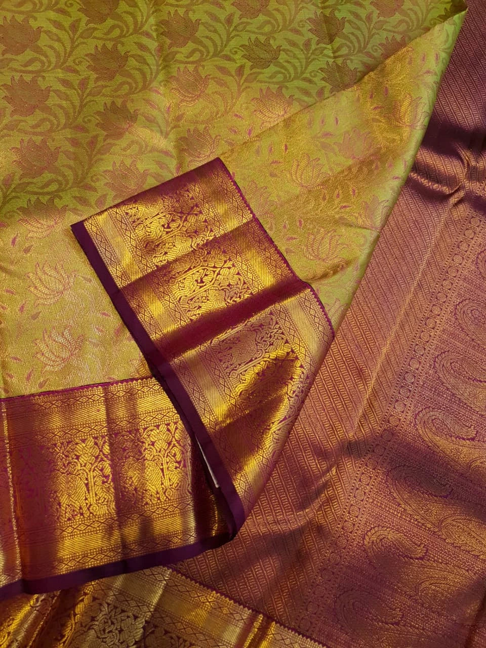 2G Pure Kanjivaram Silk Saree in Lime Green with Gold Floral Vines color | Silkmark Certified