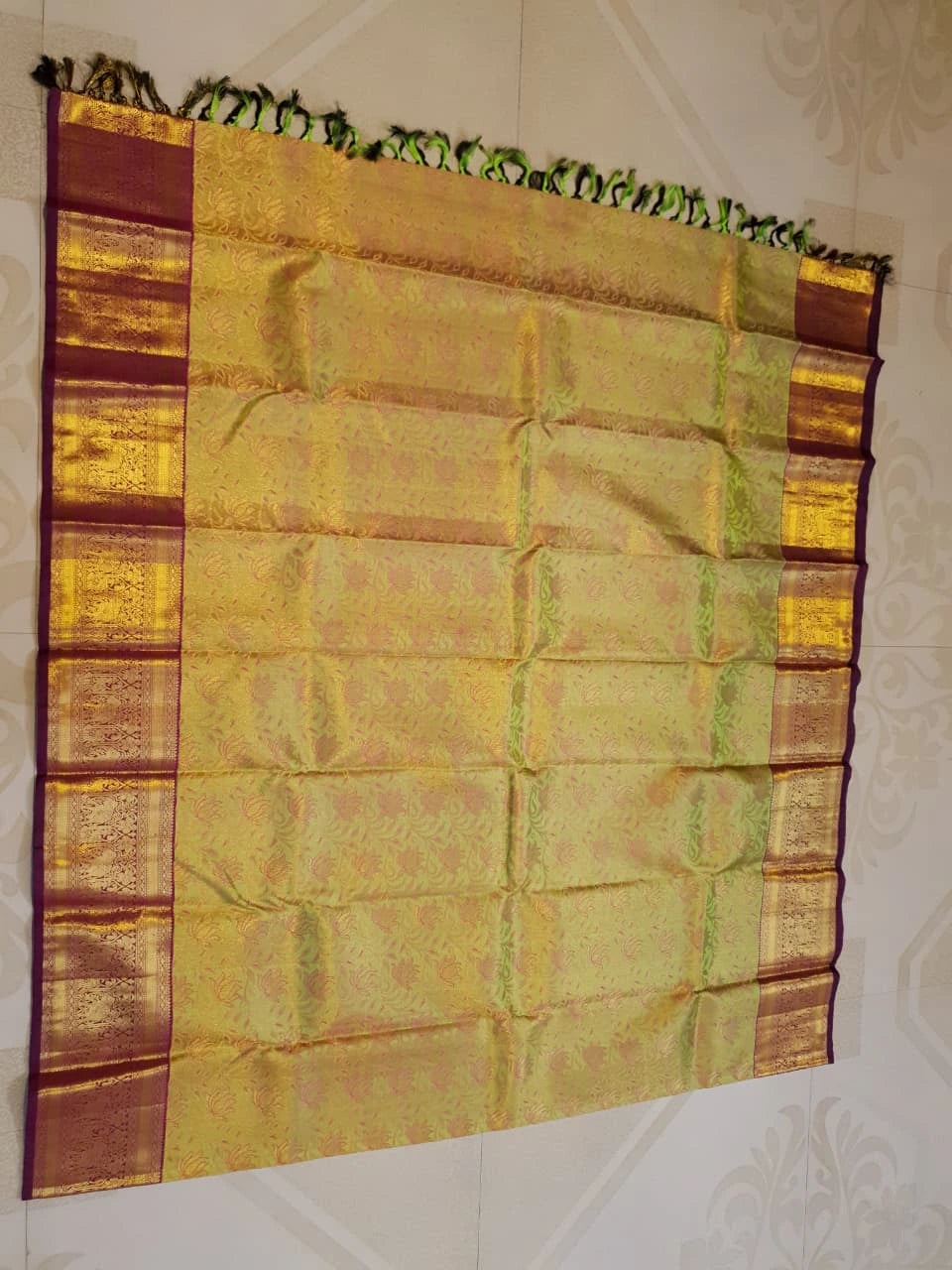 2G Pure Kanjivaram Silk Saree in Lime Green with Gold Floral Vines color | Silkmark Certified