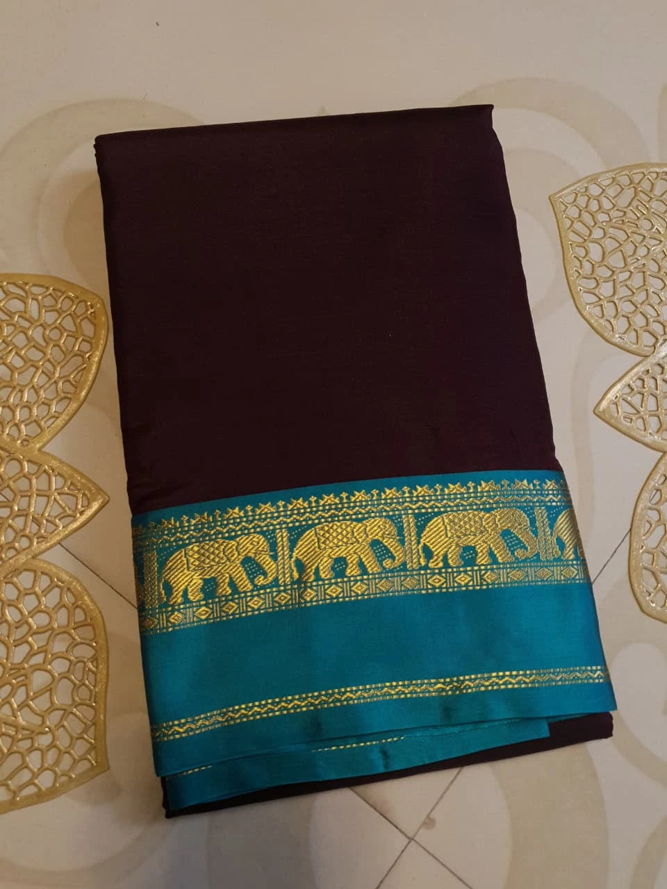 Kanjivaram Soft Silk Saree Deep Brown with Peacock Blue Border | Prahla Silks