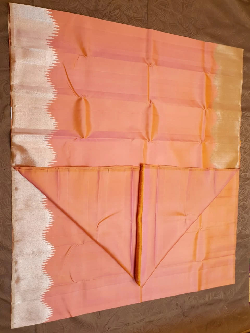 2G Pure Kanjivaram Silk Saree in Peach Pink with Silver Zari | Silkmark Certified