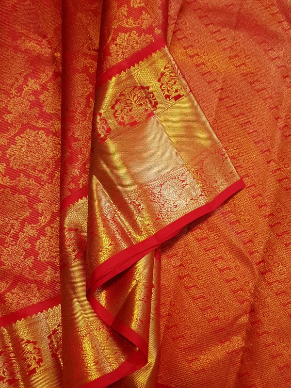 2G Pure Kanjivaram Silk Saree in Vermilion Red with Red | Silkmark Certified