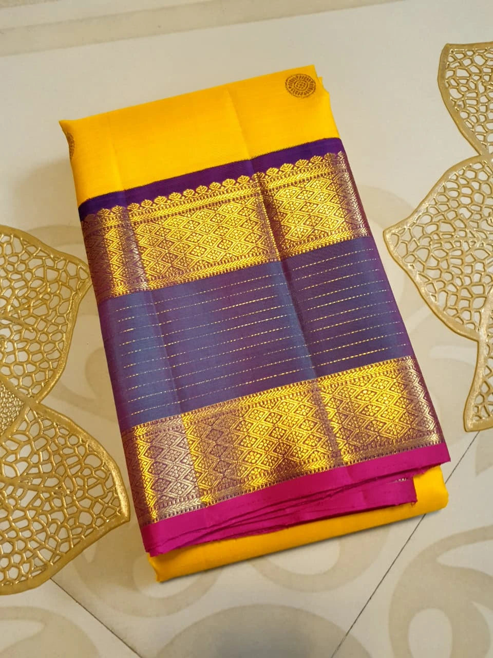 2G Pure Kanjivaram Silk Saree in Yellow with Contrast Blue Purple Border | Silkmark Certified