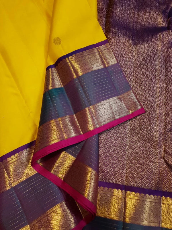 2G Pure Kanjivaram Silk Saree in Yellow with Contrast Blue Purple Border | Silkmark Certified