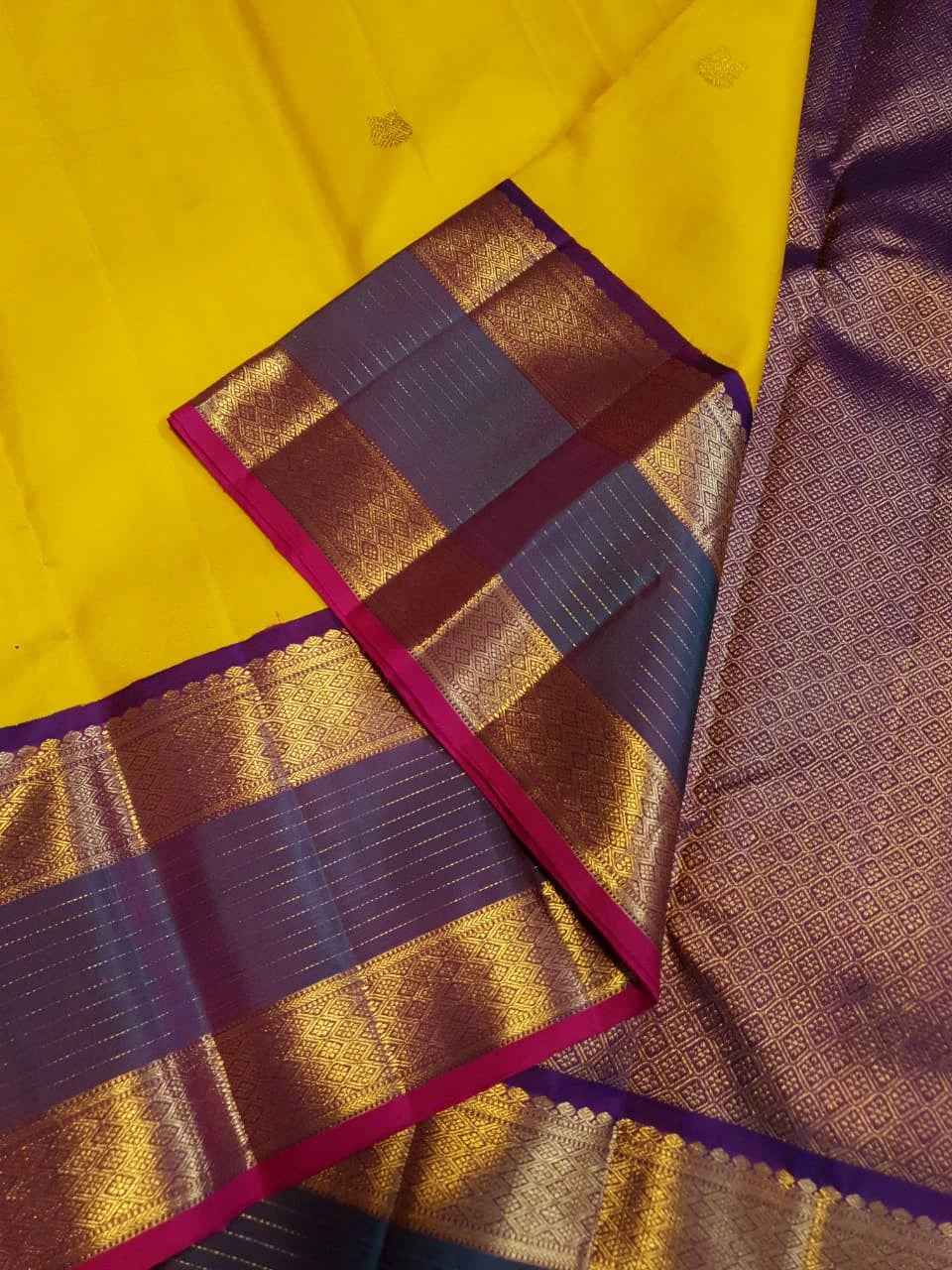 2G Pure Kanjivaram Silk Saree in Yellow with Contrast Blue Purple Border | Silkmark Certified