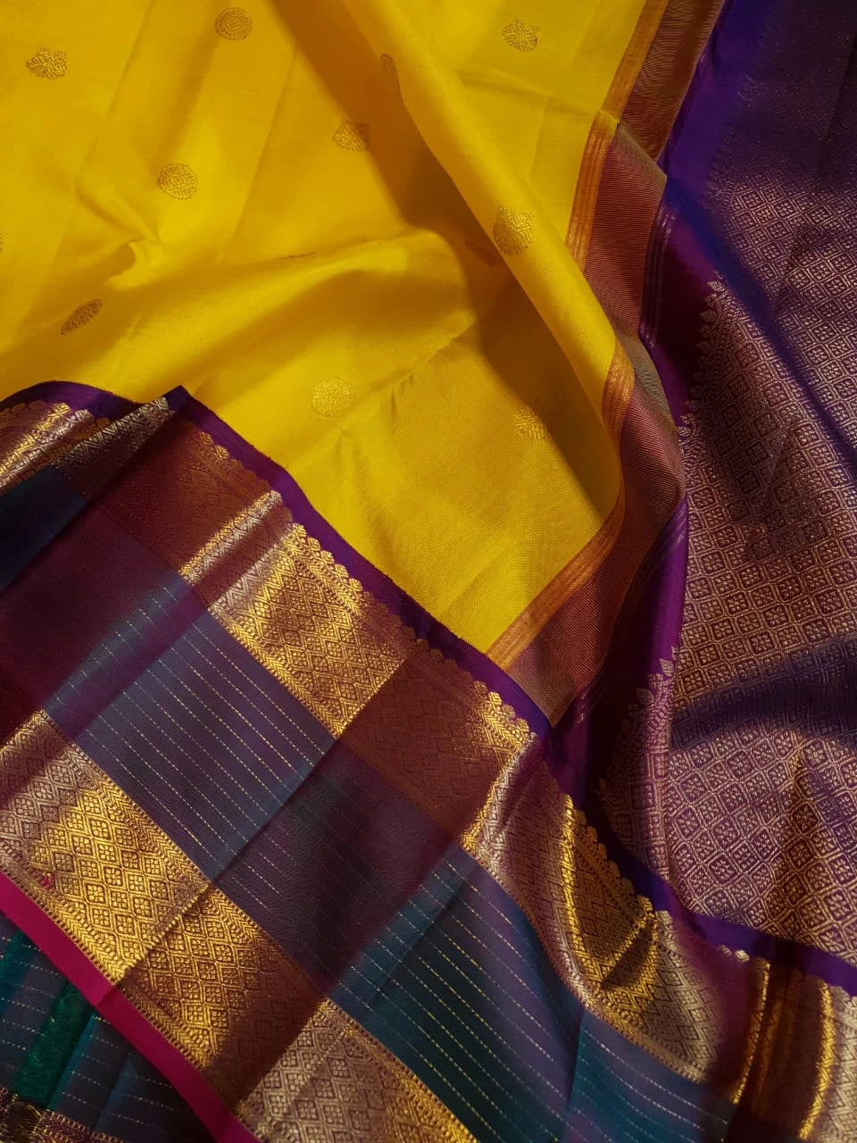 2G Pure Kanjivaram Silk Saree in Yellow with Contrast Blue Purple Border | Silkmark Certified