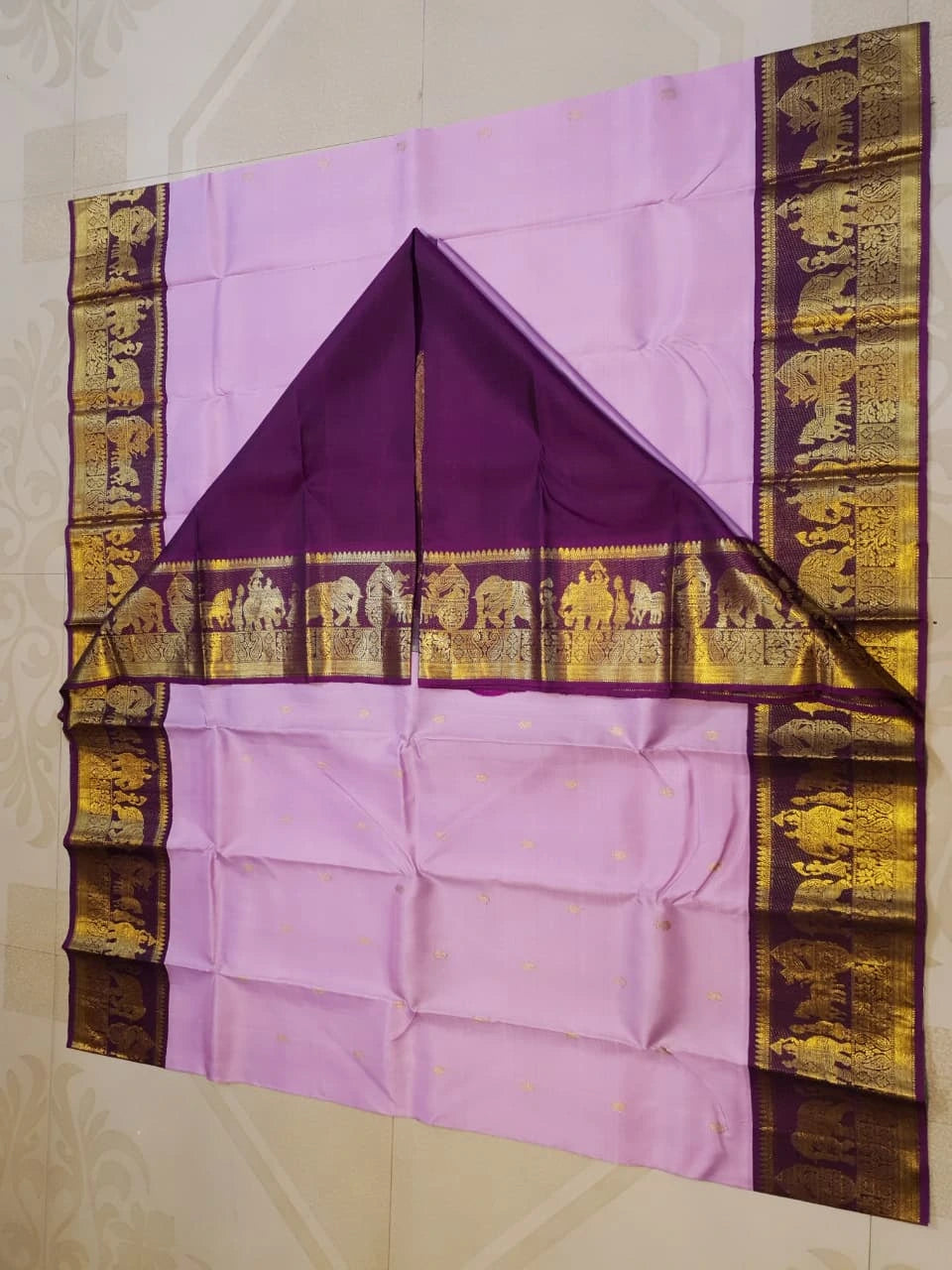 2G Pure Korvai Kanjivaram Silk Saree in Lavender Pink with Purple Gold Zari | Silkmark Certified