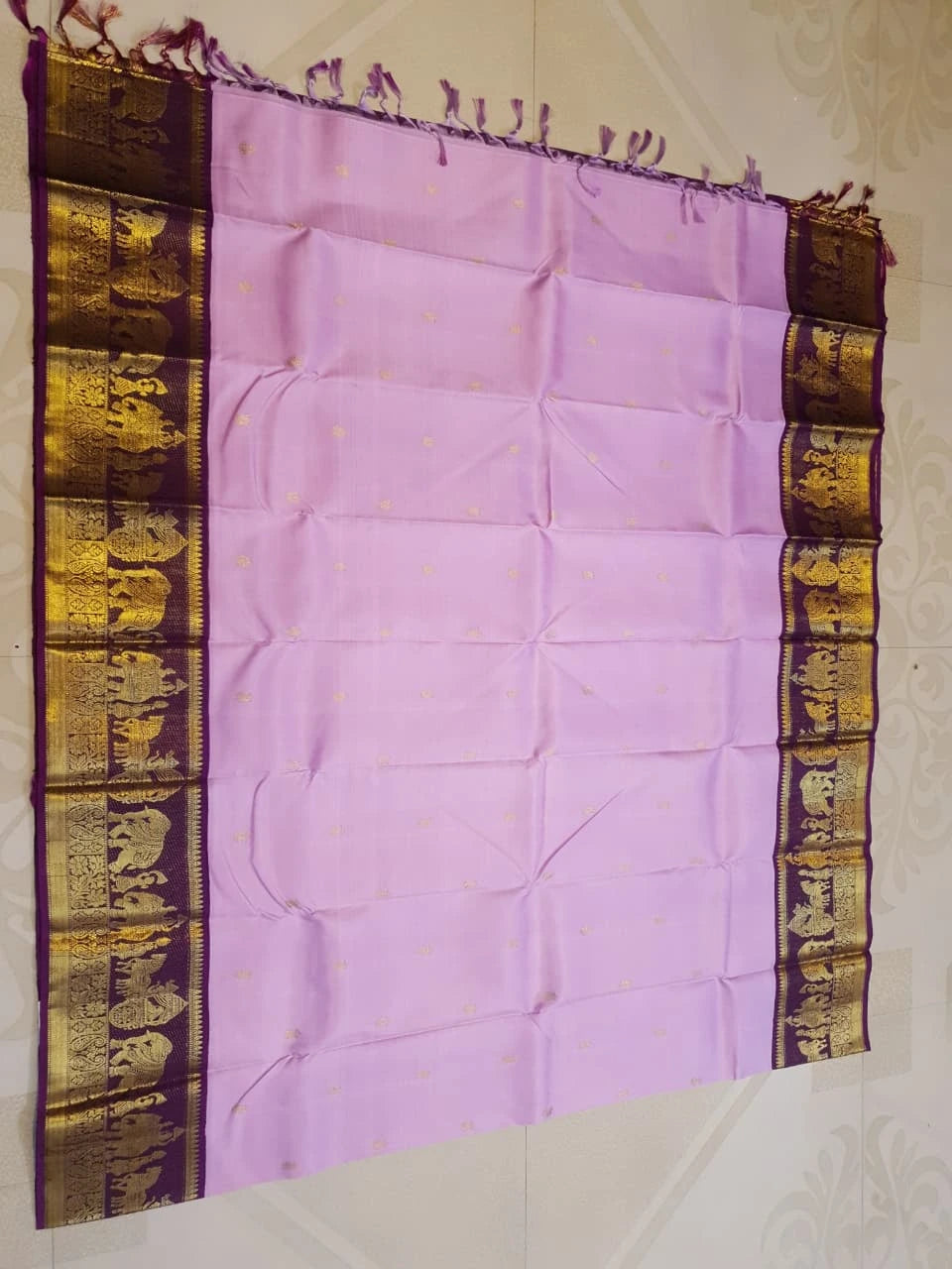 2G Pure Korvai Kanjivaram Silk Saree in Lavender Pink with Purple Gold Zari | Silkmark Certified