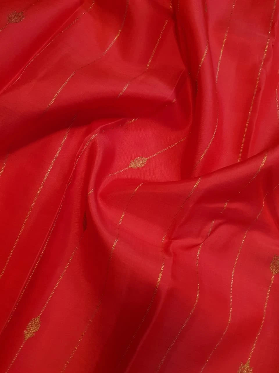3G Pure Zari Kanjivaram Silk Saree in Tomato Red with Gold Zari Stripes & Buttas | Silkmark Certified