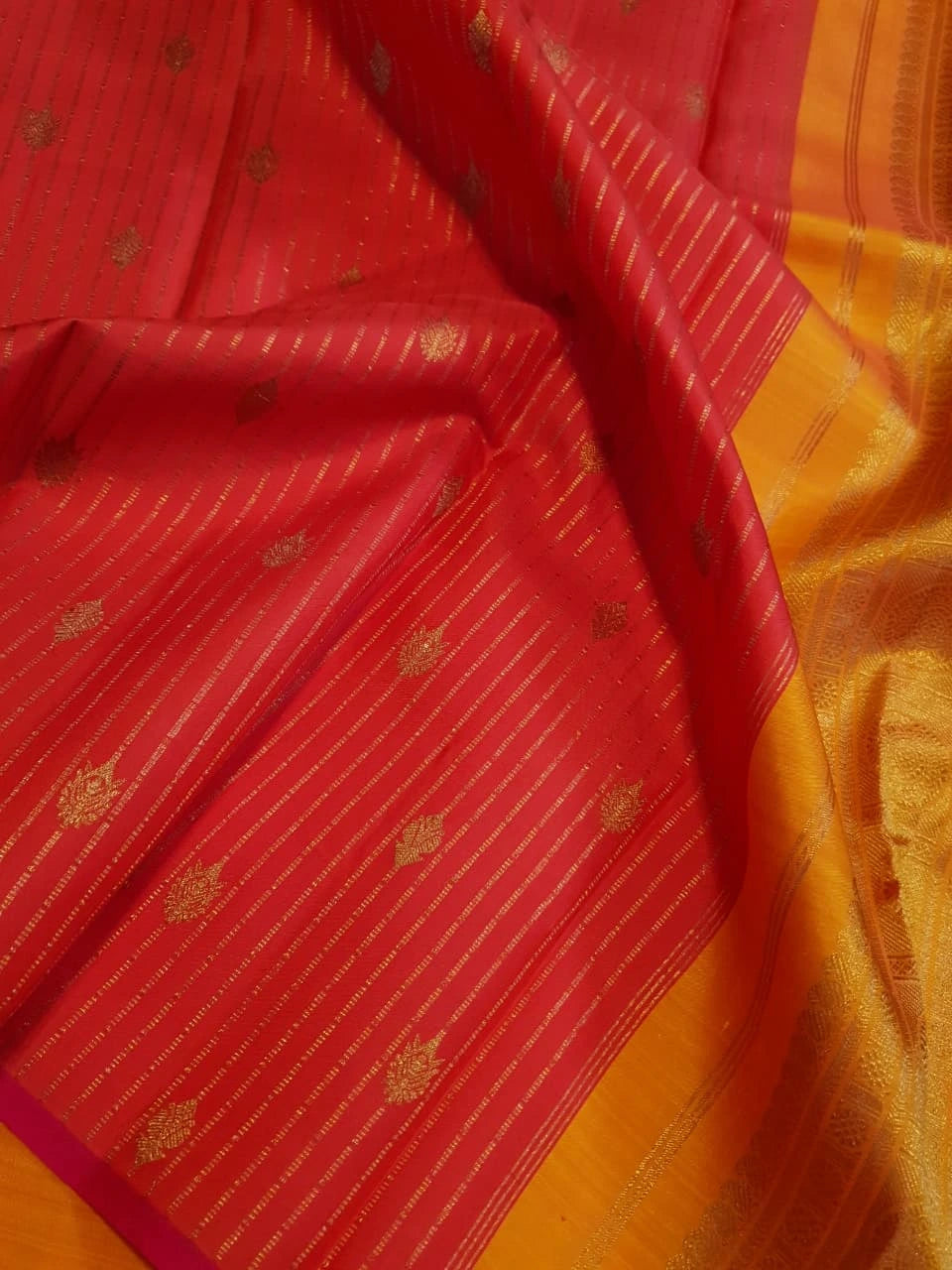 3G Pure Zari Kanjivaram Silk Saree in Tomato Red with Gold Zari Stripes & Buttas | Silkmark Certified