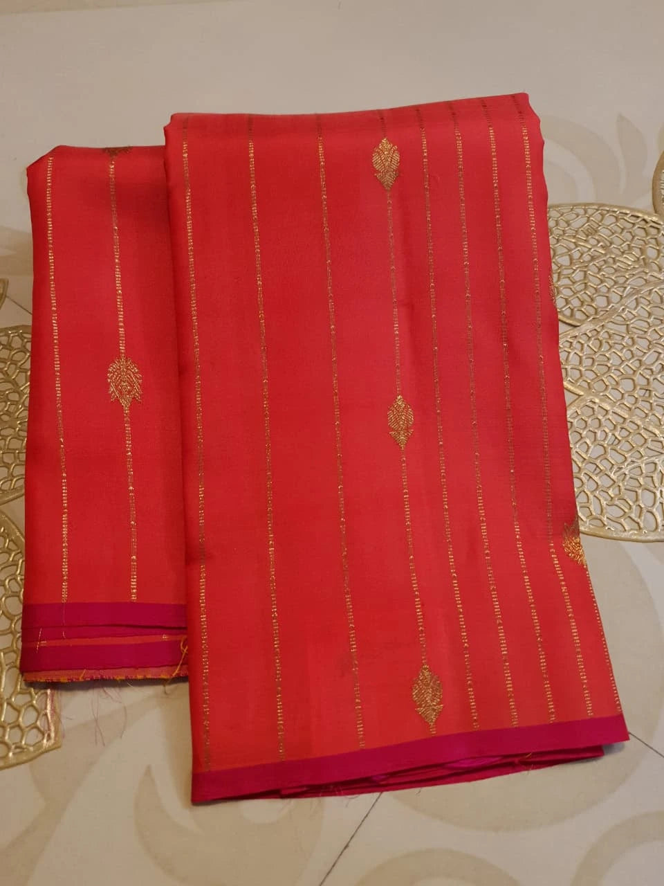 3G Pure Zari Kanjivaram Silk Saree in Tomato Red with Gold Zari Stripes & Buttas | Silkmark Certified