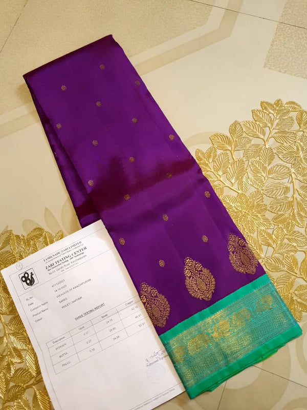 3G Pure Zari Kanjivaram Silk Saree in Royal Purple | Silkmark Certified