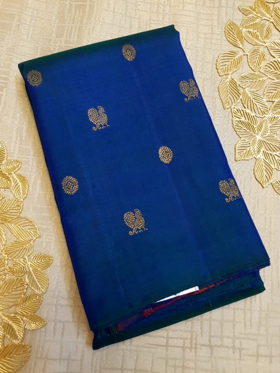 3G Pure Zari Kanjivaram Silk Saree in Royal Blue with Gold Zari Buttas | Silkmark Certified