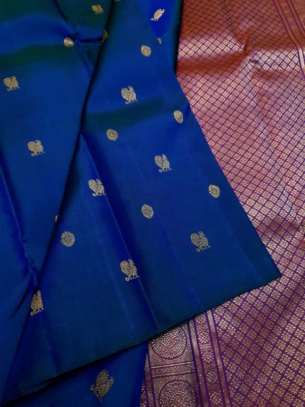 3G Pure Zari Kanjivaram Silk Saree in Royal Blue with Gold Zari Buttas | Silkmark Certified