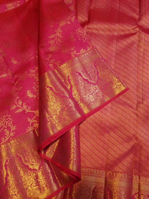 2G Pure Kanjivaram Silk Saree Pink With Gold Floral Design - Silkmark Certified