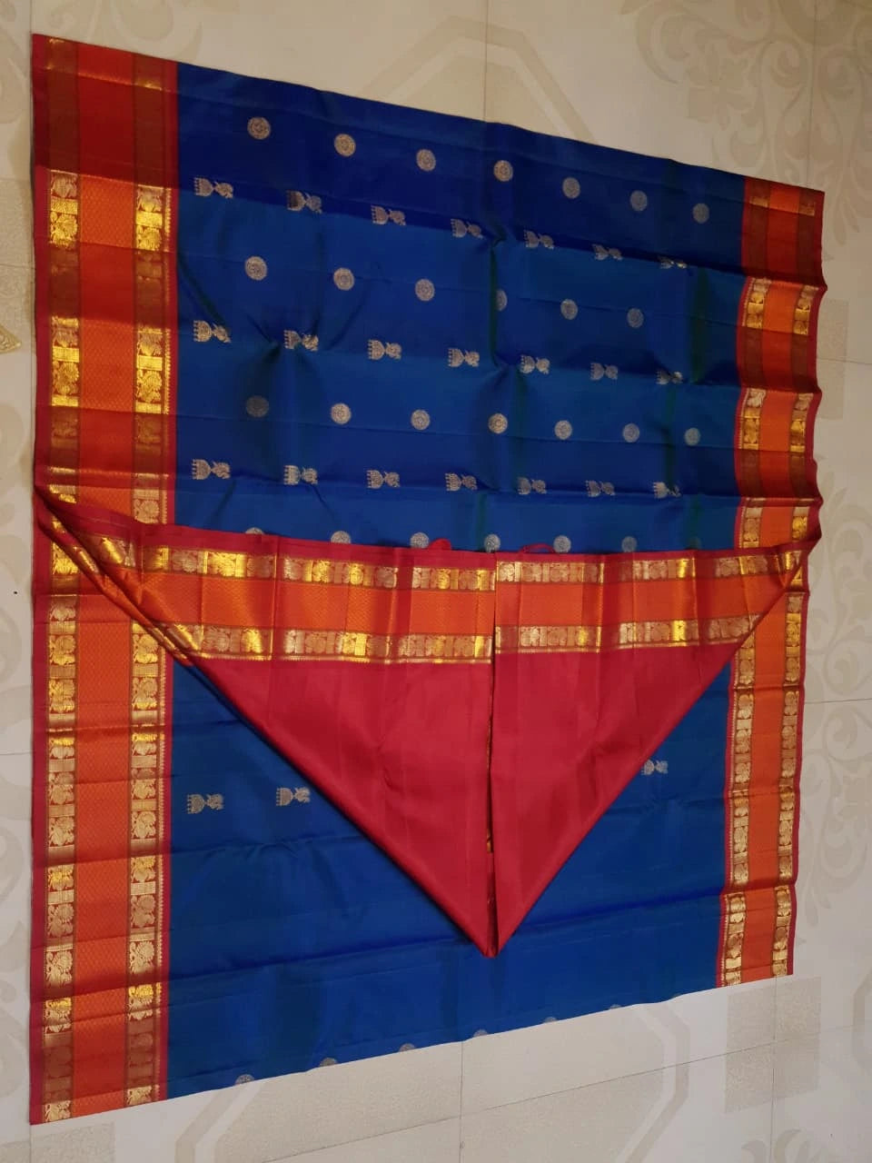 2G Pure Korvai Kanjivaram Silk Saree Peacock Blue with Rich Red and Gold Zari Border| Silkmark Certified