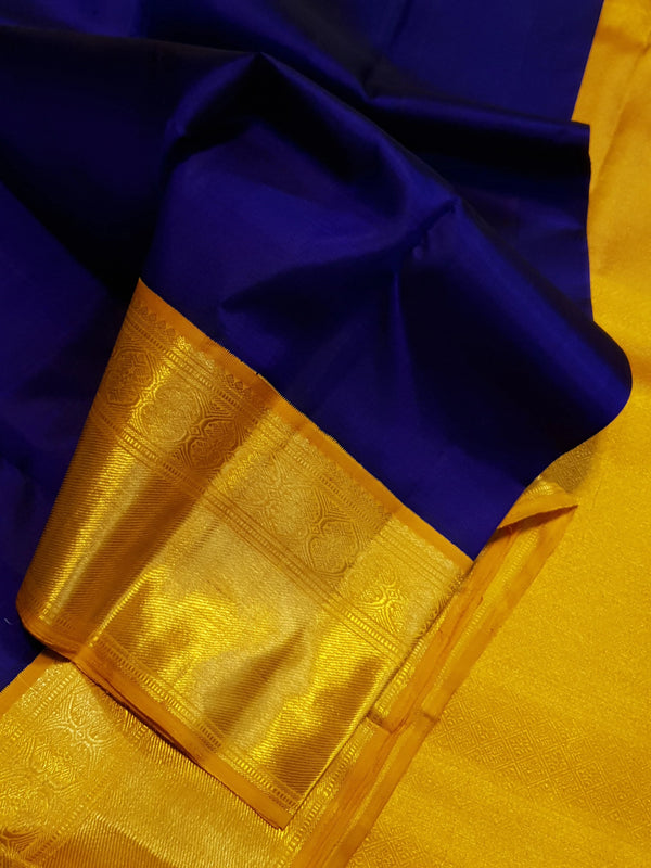 2G Pure Korvai Kanjivaram Silk Saree in Blue with Yellow | Silk Mark Certified