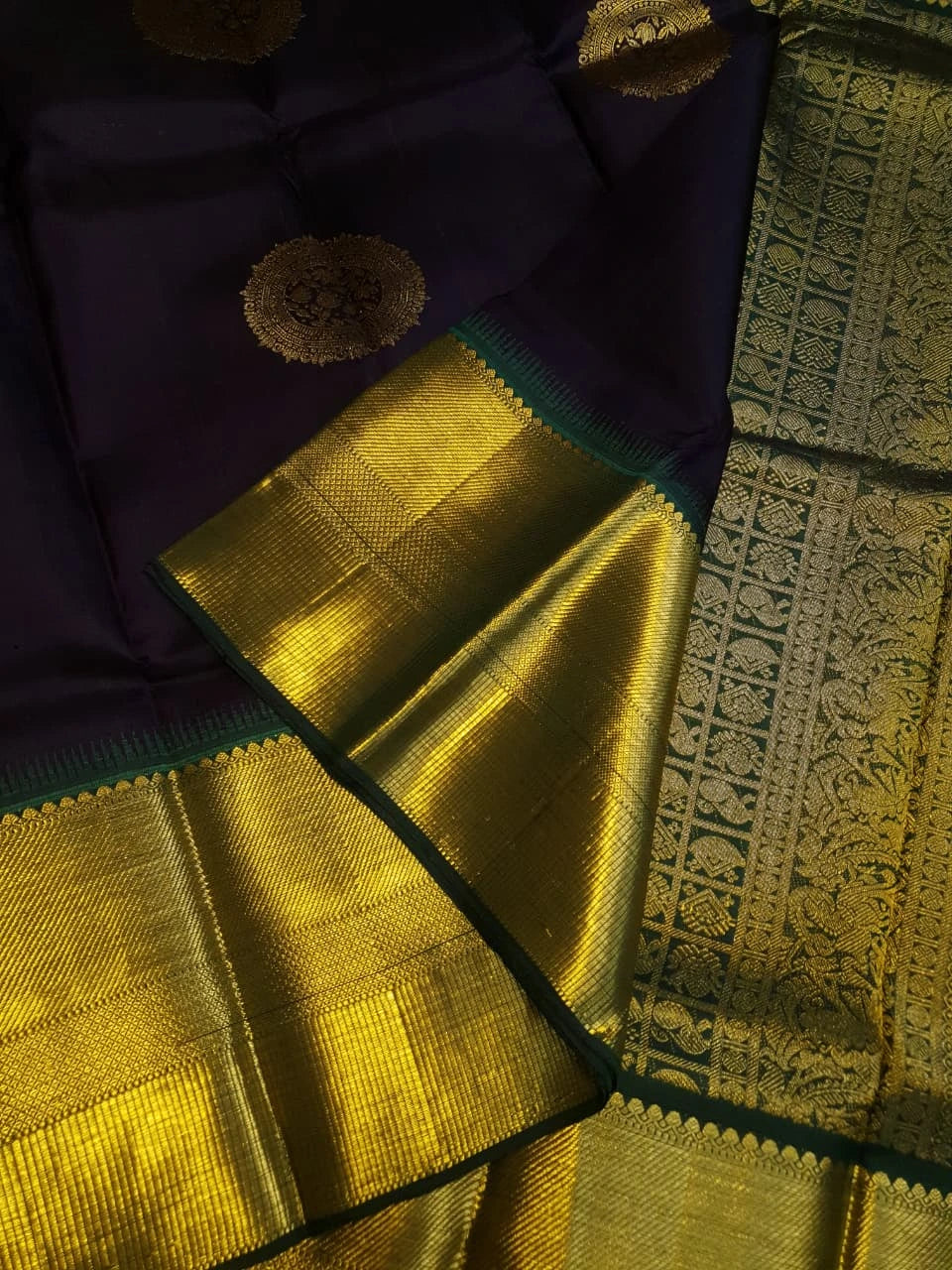 2G Pure Kanjivaram Silk Saree in Dark Purple with Gold and Dark Green | Silk Mark Certified