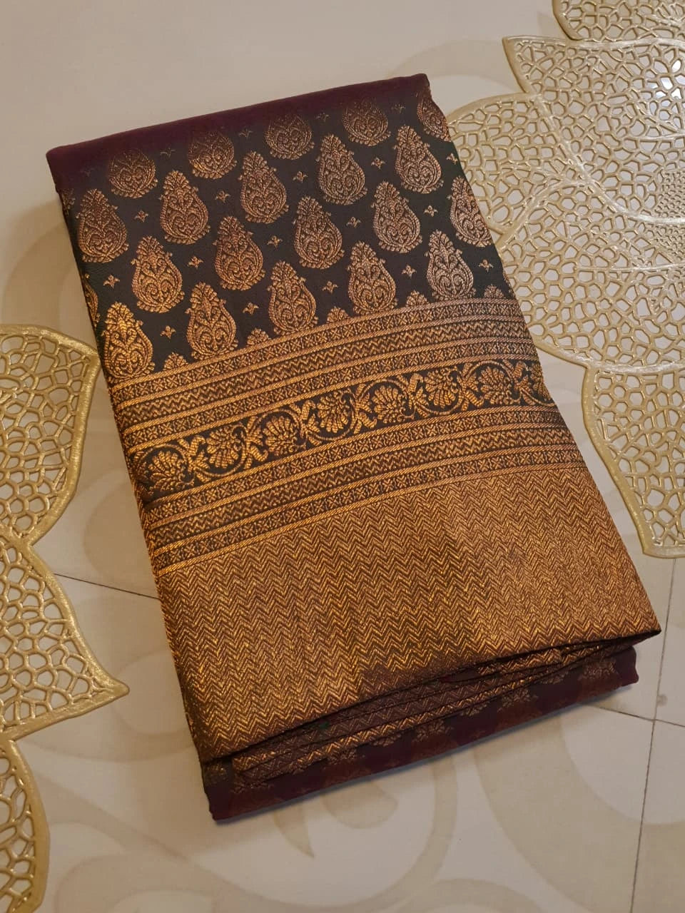 2G Pure Kanjivaram Silk Saree in Dark Brown with Antique Gold Zari | Silkmark Certified