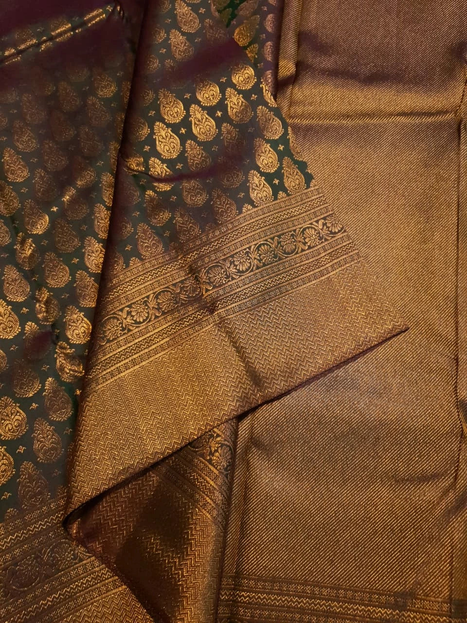 2G Pure Kanjivaram Silk Saree in Dark Brown with Antique Gold Zari | Silkmark Certified