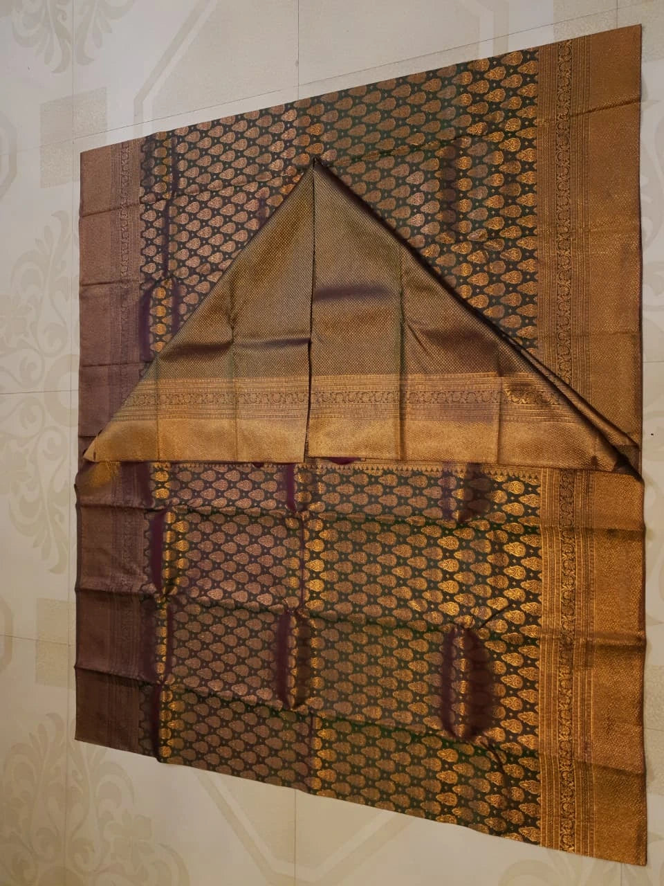 2G Pure Kanjivaram Silk Saree in Dark Brown with Antique Gold Zari | Silkmark Certified