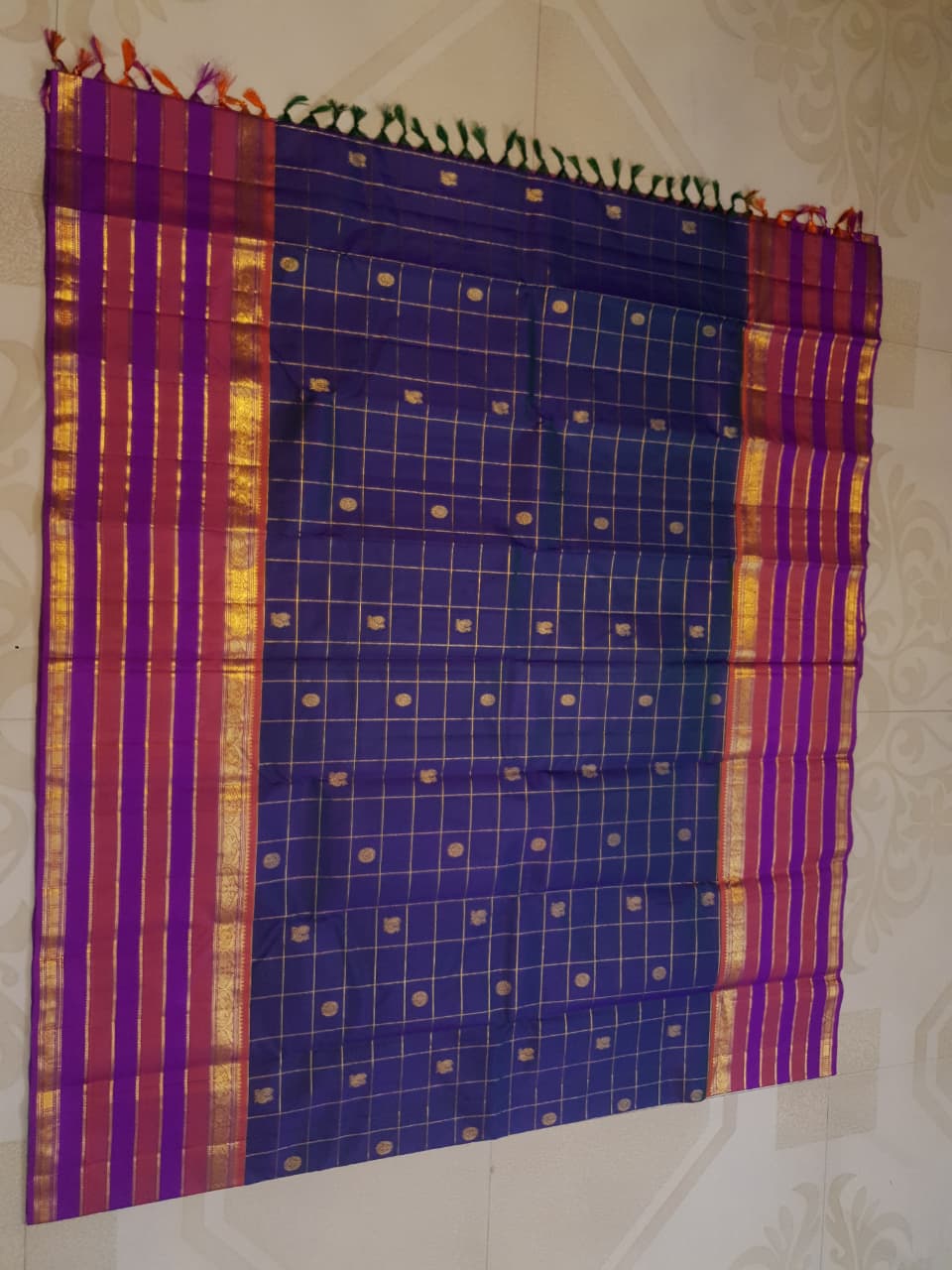 2G Pure Kanjivaram Silk Saree in Navy Blue with Magenta | Silk Mark Certified