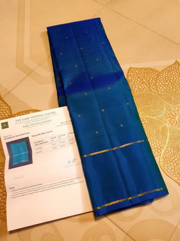 3G Pure Zari Kanjivaram Silk Saree - Peacock Blue with Gold | Silkmark Certified