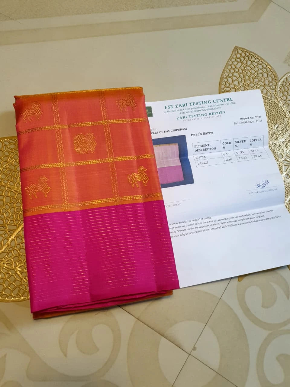3G Pure Zari Kanjivaram Silk Saree in Orange Peach with Pink | Silkmark Certified