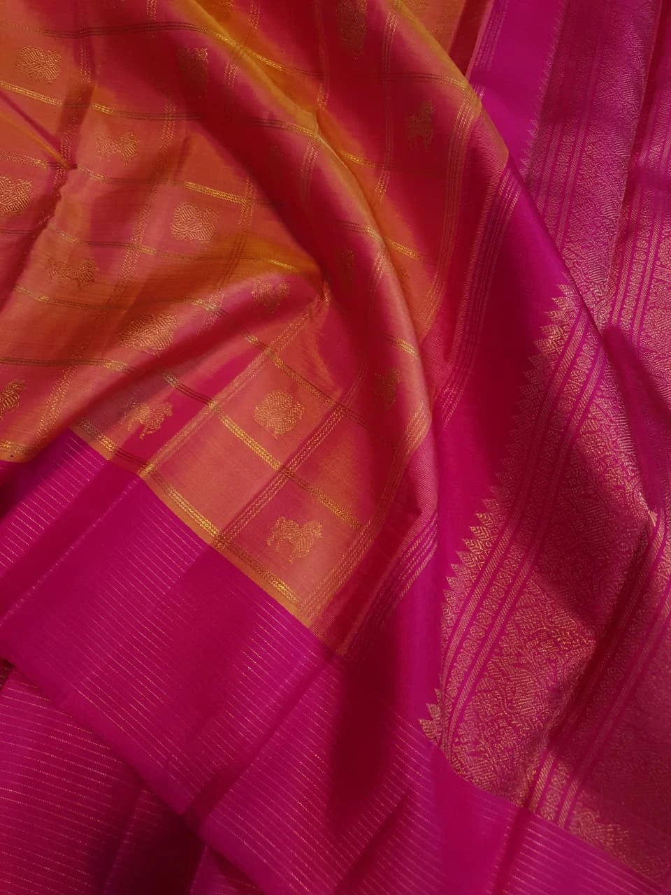 3G Pure Zari Kanjivaram Silk Saree in Orange Peach with Pink | Silkmark Certified